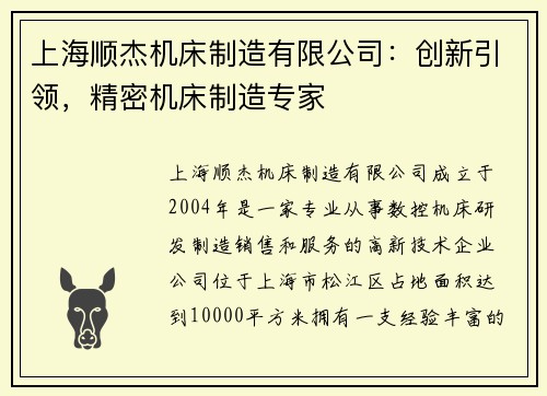 上海顺杰机床制造有限公司：创新引领，精密机床制造专家